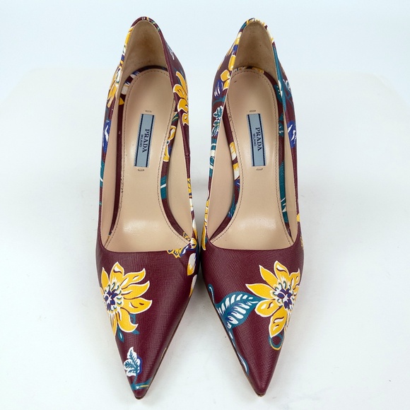 Prada Burgundy Floral Saffiano Leather Pumps Heels - Picture 4 of 8